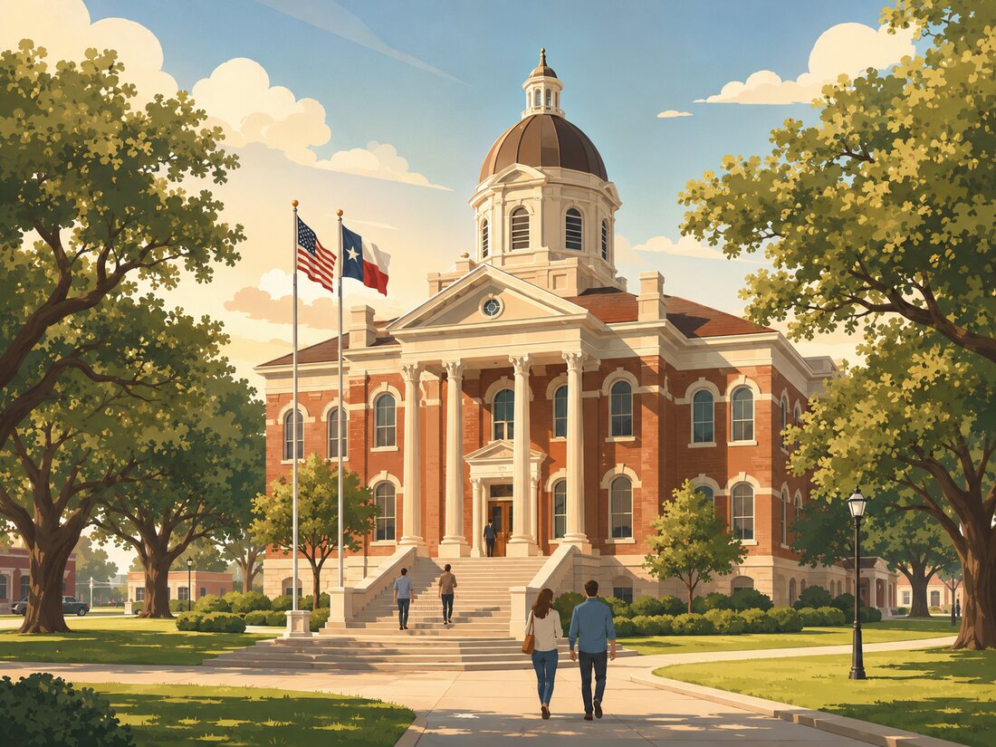 Illustration of a historic Texas county courthouse with US and Texas flags