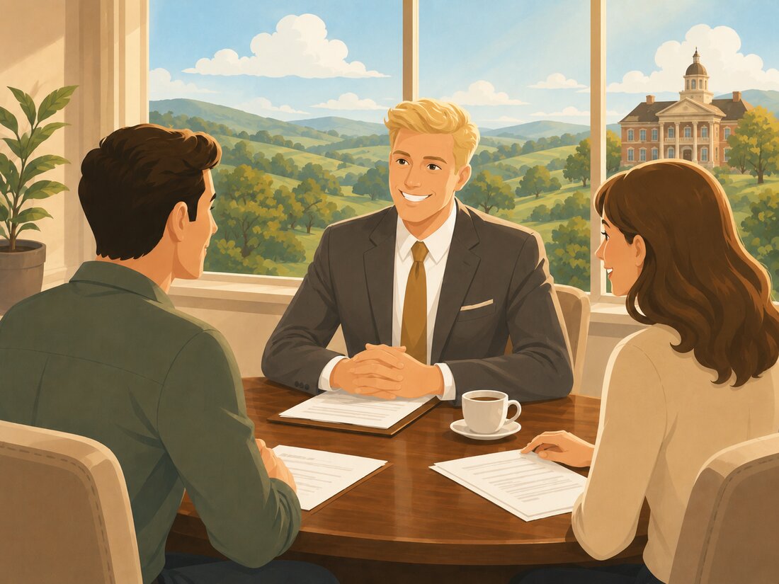 Illustration of an attorney in a suit meeting with clients around a table, Texas Hill Country and a courthouse through the window